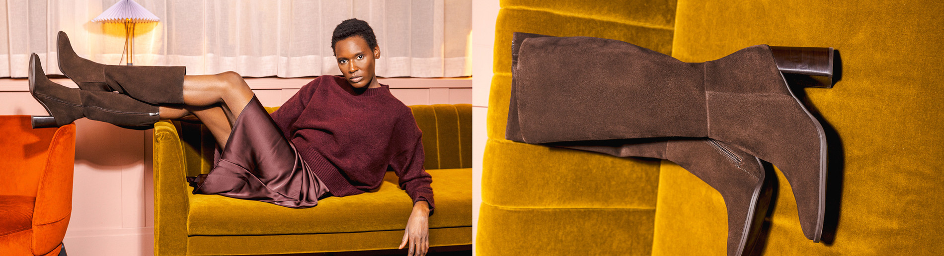 Frau mit braunen Stiefeln, welche auf einem Sofa liegt udn ihre Füße über die Armlehne hängen lässt.