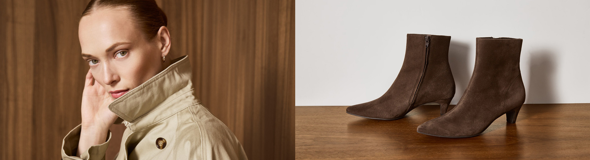 braune stiefelette vor einer weißen wand